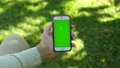 Hand Of Unidentified Male Adjusts Grip On Vertical Phone, Green Screen In Garden