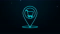 Glowing Neon Line Map Pointer With Shopping Cart Icon Isolated On Black