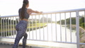 Fit Young Woman Stretching Outdoors, On The Bridge