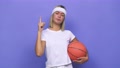 Young Basketball Player Woman Pointing Upside With Opened Mouth