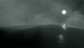 Eerie Haunted Fog Rolling Past With Abandoned Drifting Boat, Full Moon And
