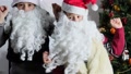 Children, Santa Claus Helpers, Elves With A White Beard Near The Christmas Tr