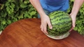 A Man Carves A Round Slice From A Watermelon Lying On A Plate.