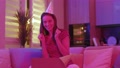 Funny Young Woman Congratulating With Birthday Showing Gift Box Use Laptop For