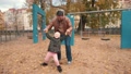 Dad Plays With Daughter On Playground. Joy And Fun Interaction Parent And Child.
