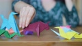 Woman Adding Red Ox To Other Handmade Colorful Origami Animals On Wooden Table.