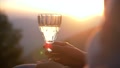 Young Woman Holds Champagne Glass In Hands At Fiery Sunset, Slow Motion