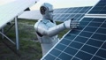 Cybernetic Human-Like Robot Examining Solar Battery Touching With Hand And