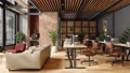 Eco-Friendly Modern Office Interior With Brick Wall, Waiting Area And Indoor