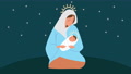 Happy Merry Christmas Celebration With Mary Virgin And Jesus Baby At Night